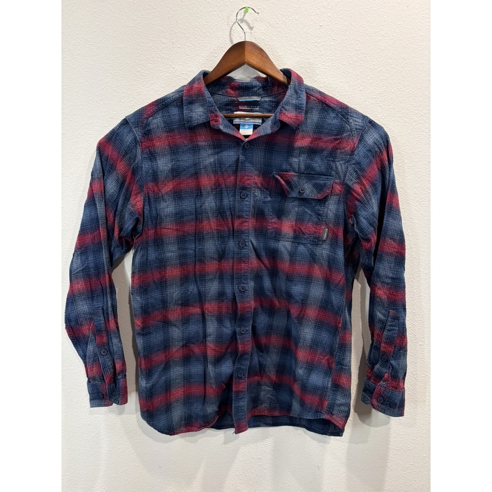 Columbia Omni Wick Button Up Flannel Shirt Mens Size L Large Blue Red Plaid